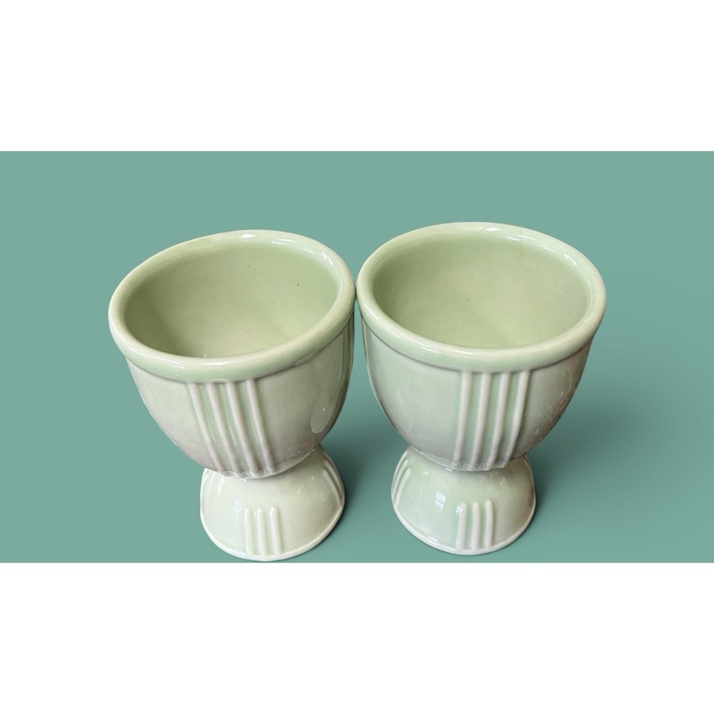 2 Hankscraft Vintage Porcelain Ceramic Double Egg Cups Ribbed Pastel Green Mint